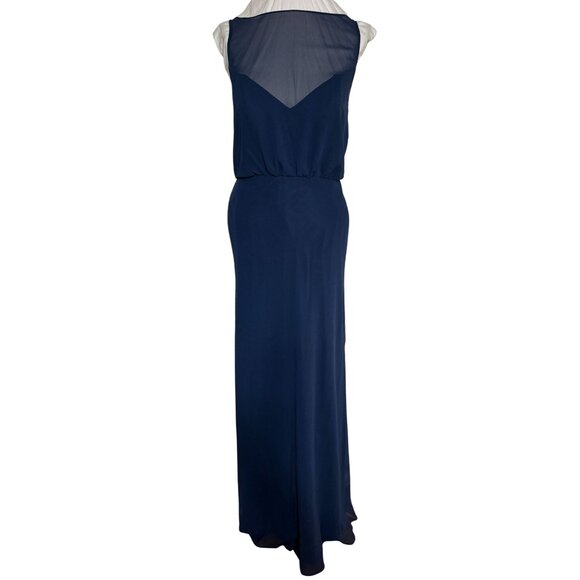 Bari Jay Navy Blue Sleeveless Maxi Dress Formal Sheer Overlay V-Back Design 10 - Picture 1 of 8